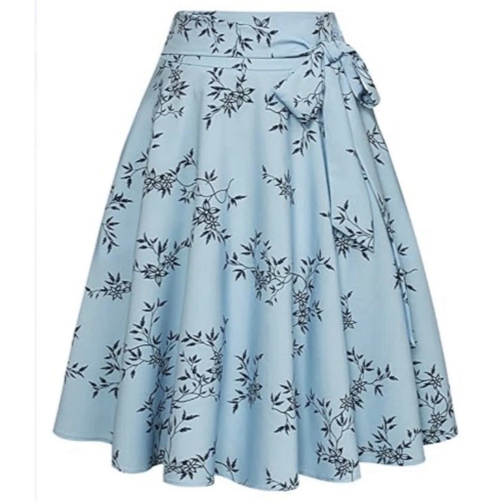 Belle Poque Blue Floral A-line Midi Skirt Womens Plus 2XL Feminine Flowy Flower
